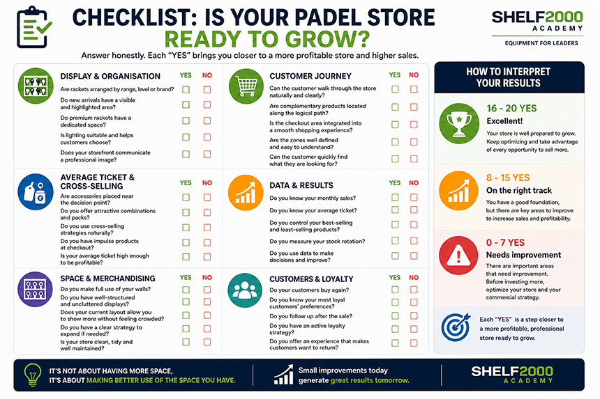 Padel store growth checklist with merchandising, customer journey and sales optimisation tips